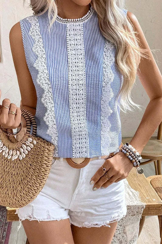 Stripe Lace Patchwork Crew Neck Sleeveless Top Light Blue