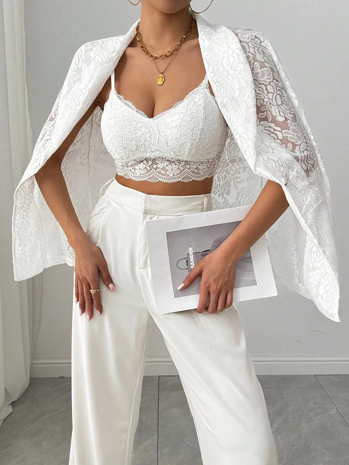 Lace Lapel Collar Long Sleeve Blazer