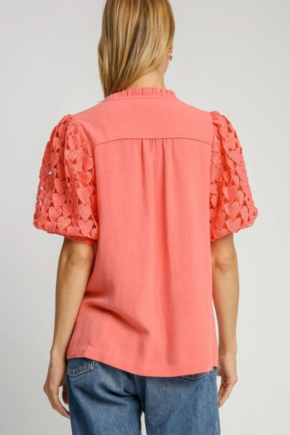 Umgee Full Size Heart Lace Sleeve Ruffle Collar Top Plus Size
