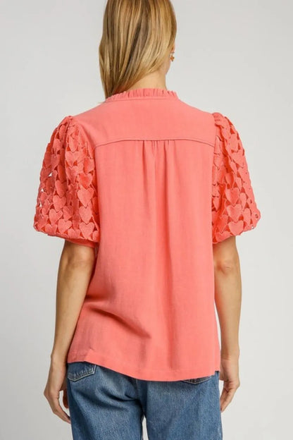 Umgee Full Size Heart Lace Sleeve Ruffle Collar Top Plus Size