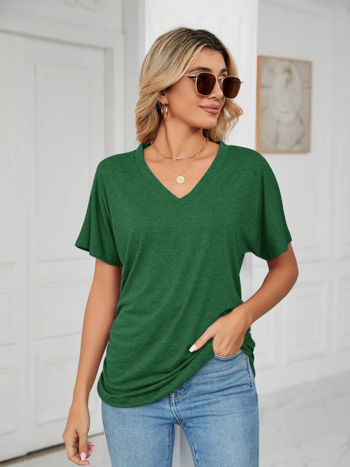 V-Neck Short Sleeve T-Shirt Dark Green