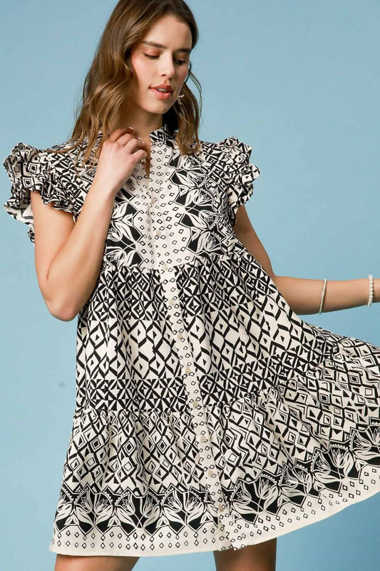 Umgee Full Size Mixed Print Mini Dress Plus Size Black