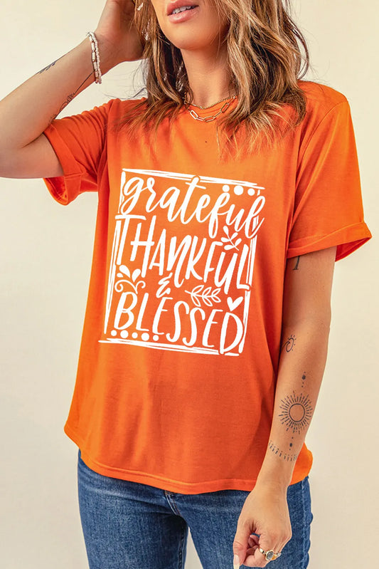Letter Graphic Round Neck Short Sleeve T-Shirt Orange