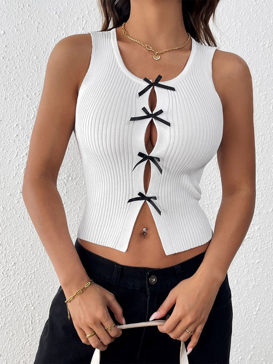 Perfee Bow Front Round Neck Tank White