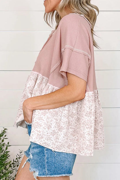 Waffle Floral Patchwork Exposed Seam Detail Short Sleeve Top