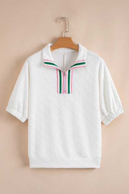 Contrast Striped Collar Patchwork Textured Half Sleeve Blouse