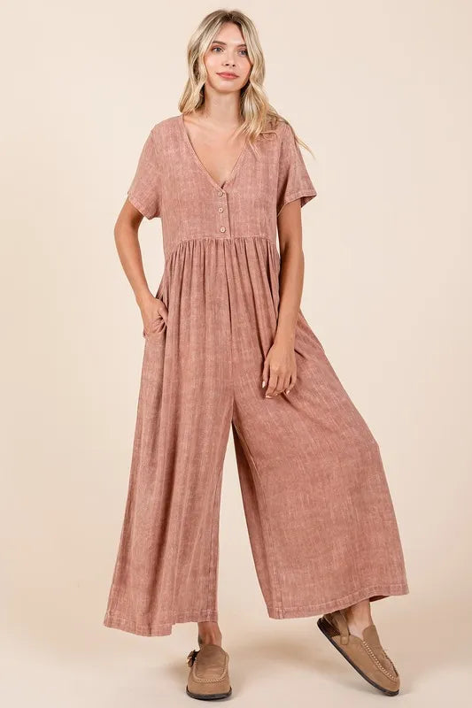 Mittoshop Mineral Wash Short Sleeve Flowy Wide Leg Jumpsuit Ginger