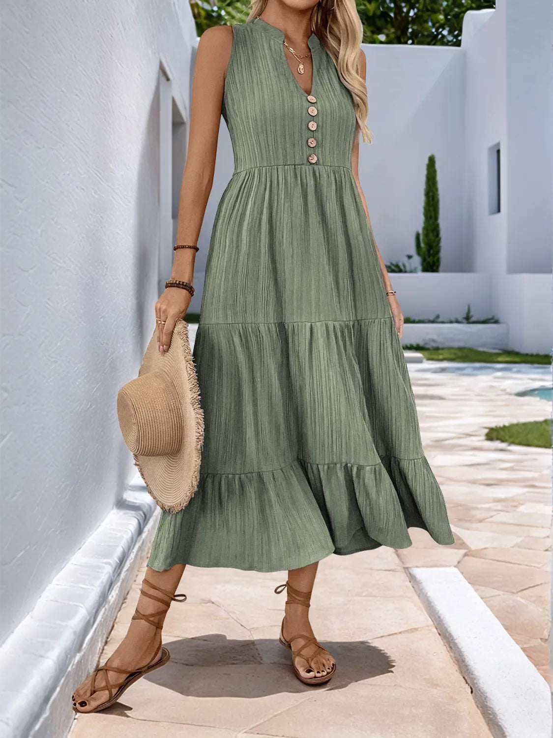 Notched Sleeveless Midi Tiered Dress Matcha Green