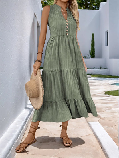 Notched Sleeveless Midi Tiered Dress Matcha Green