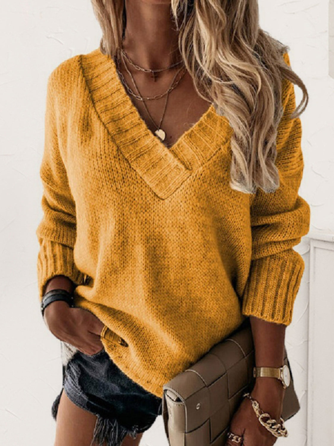 V-Neck Long Sleeve Knit Top Sherbet