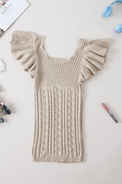 Openwork Ruffled Scoop Neck Knit Top