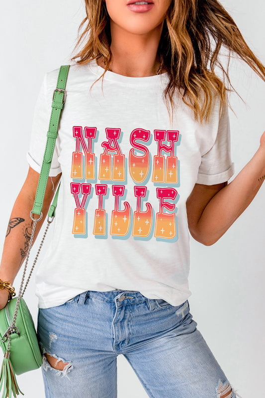 Letter Graphic Round Neck Short Sleeve T-Shirt White