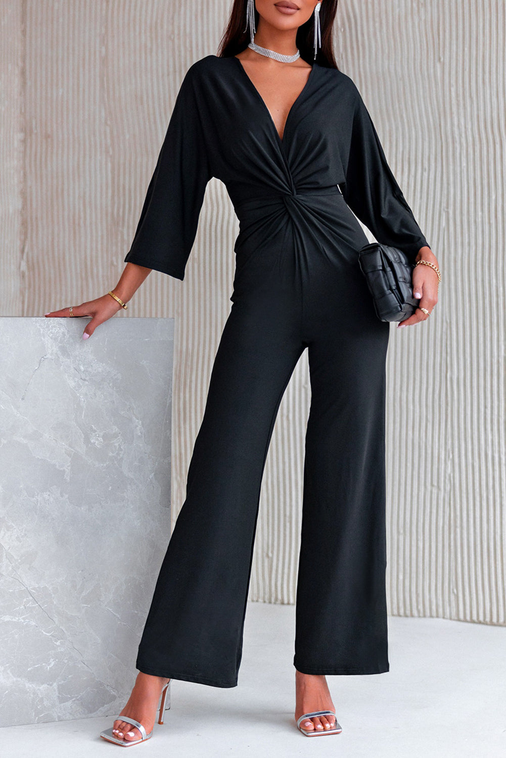 Twisted Plunge Three-Quarter Sleeve Jumpsuit Black