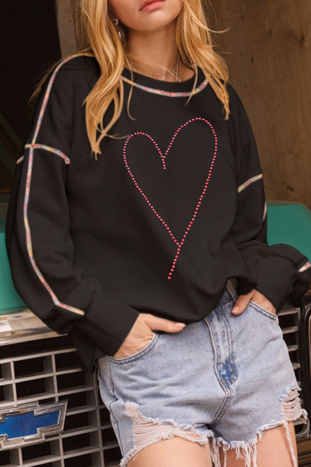 Valentine’s Day Rhinestone Heart Round Neck Long Sleeve Sweatshirt Black