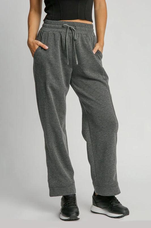 Umgee Full Size Drawstring Wide Leg Pants with Pockets Dark Gray