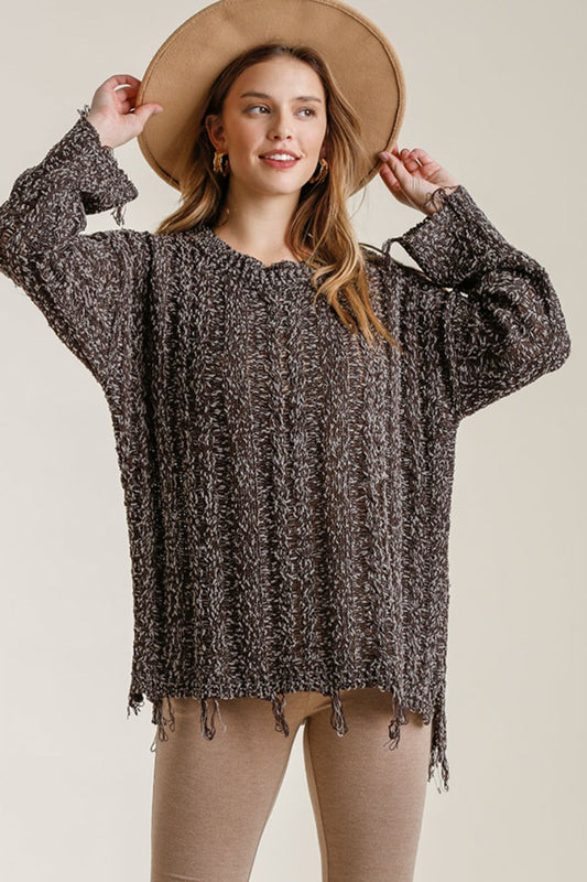 Umgee Full Size Frayed Hem Cable Knit Round Neck Sweater Plus Size Coffee Brown