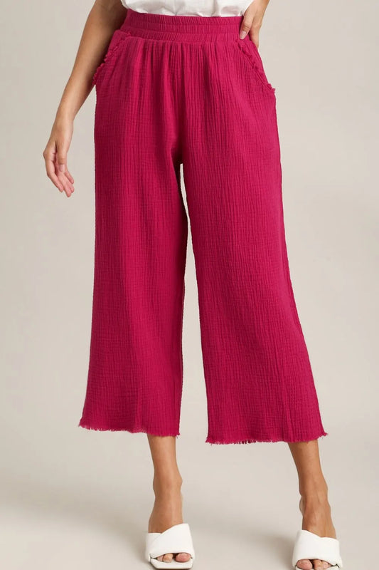 Umgee Full Size Raw Hem Elastic Waist Wide Leg Pants Plus Size Deep Rose