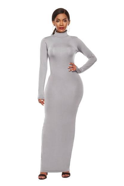 Mock Neck Long Sleeve Maxi Slim Dress Light Gray