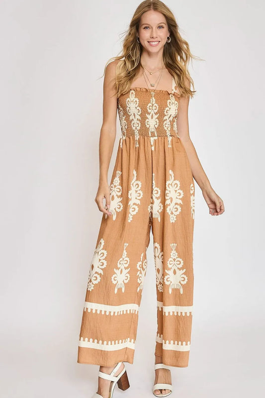 Umgee Full Size Smocked Printed Wide Leg Jumpsuit Plus Size MOCHA