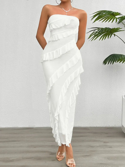 Devine Ruffled Slit Back Tube Maxi Dress