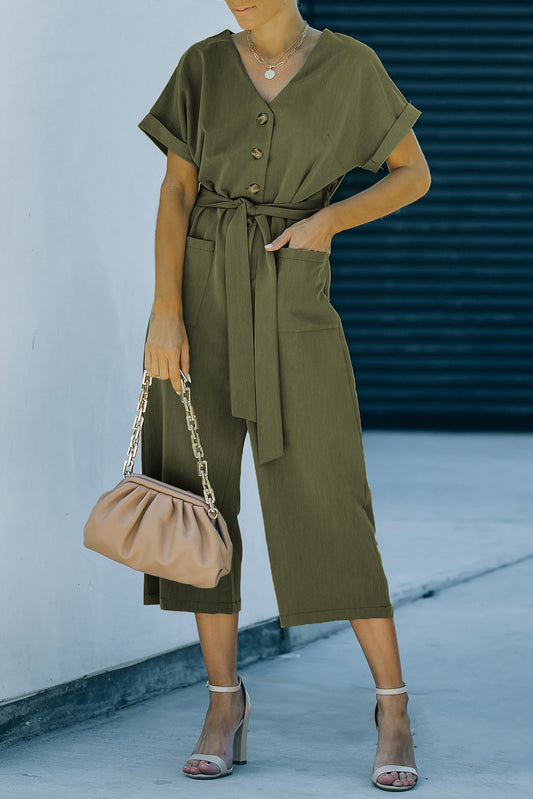 Tie-Waist Buttoned Cropped Jumpsuit Moss