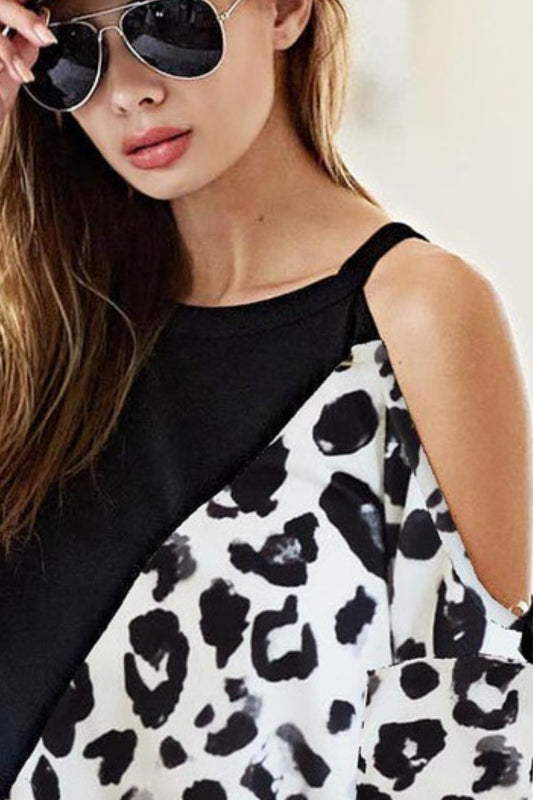 BiBi French Terry Leopard Cold Shoulder Top