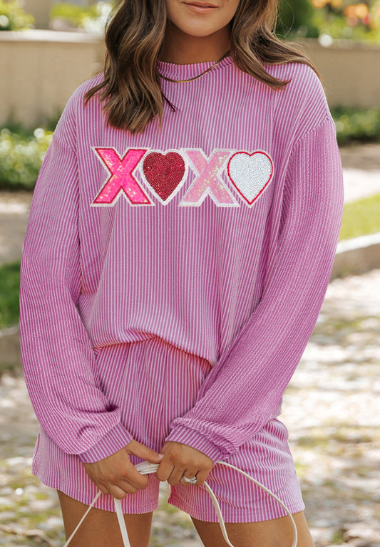 Valentine’s Day XOXO Heart Sequin Corded Long Sleeve Top and Shorts Set Pink
