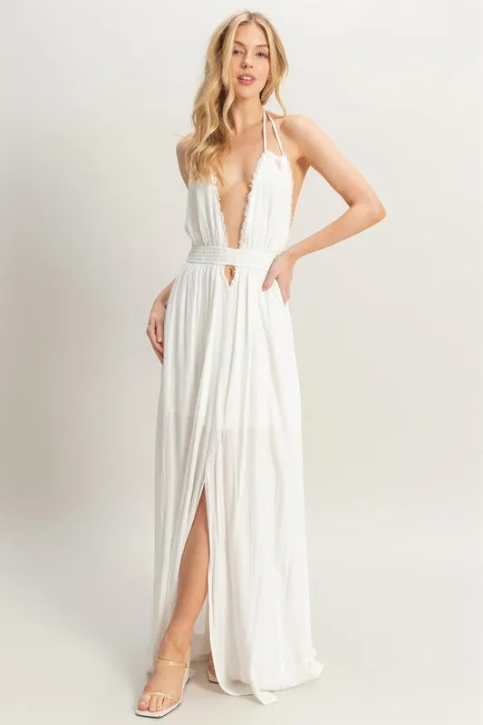 HYFVE Halter Neck Fitted Waist Flowy Maxi Dress WHITE