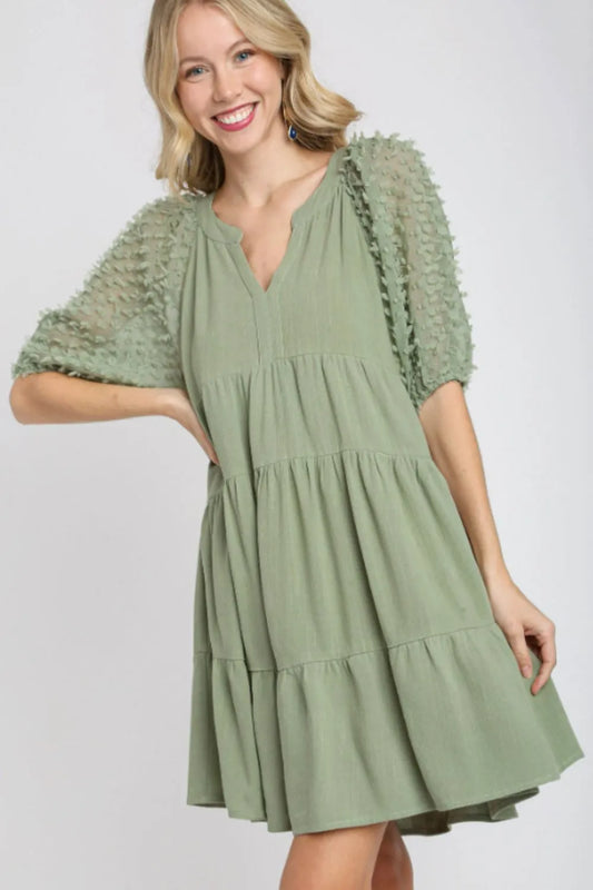 Umgee Full Size Linen Tiered A-Line Split Neck Dress Plus Size Sage