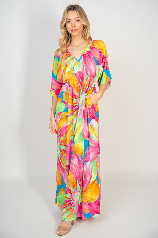 White Birch Printed V-Neck Maxi Dress with Pockets Multi
