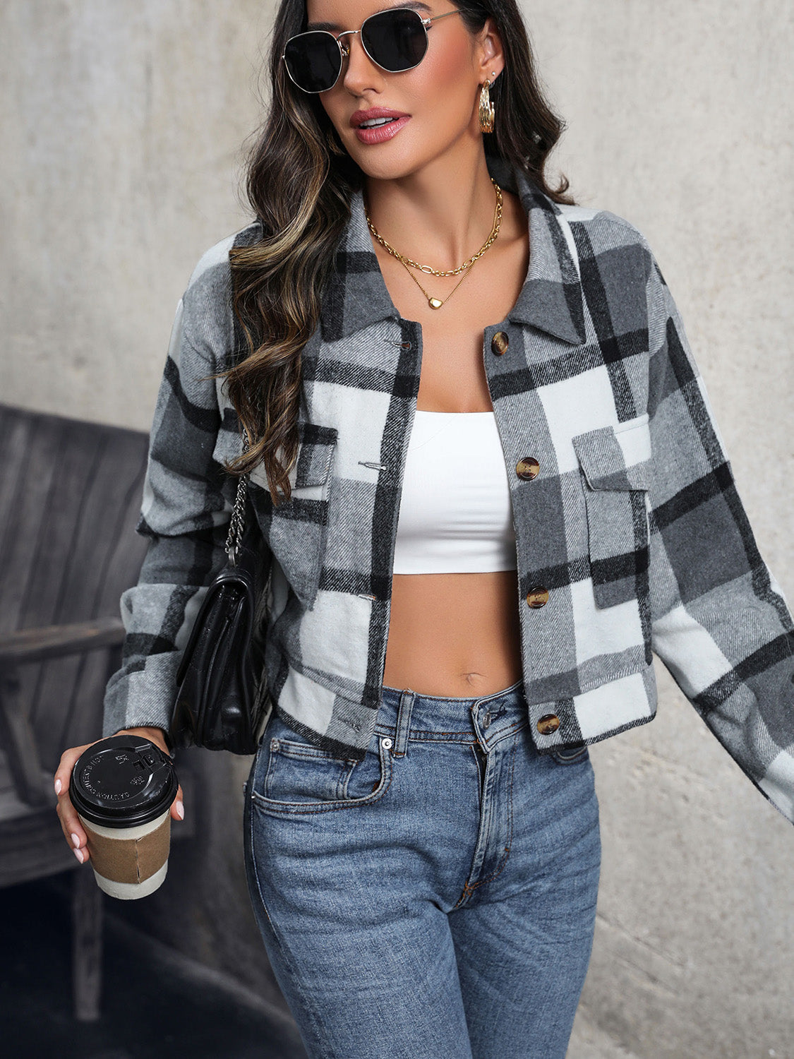 Perfee Plaid Button Up Drop Shoulder Cropped Jacket Dark Gray