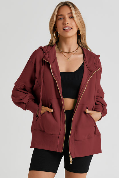 Zip Up Long Sleeve Drawstring Hoodie Wine