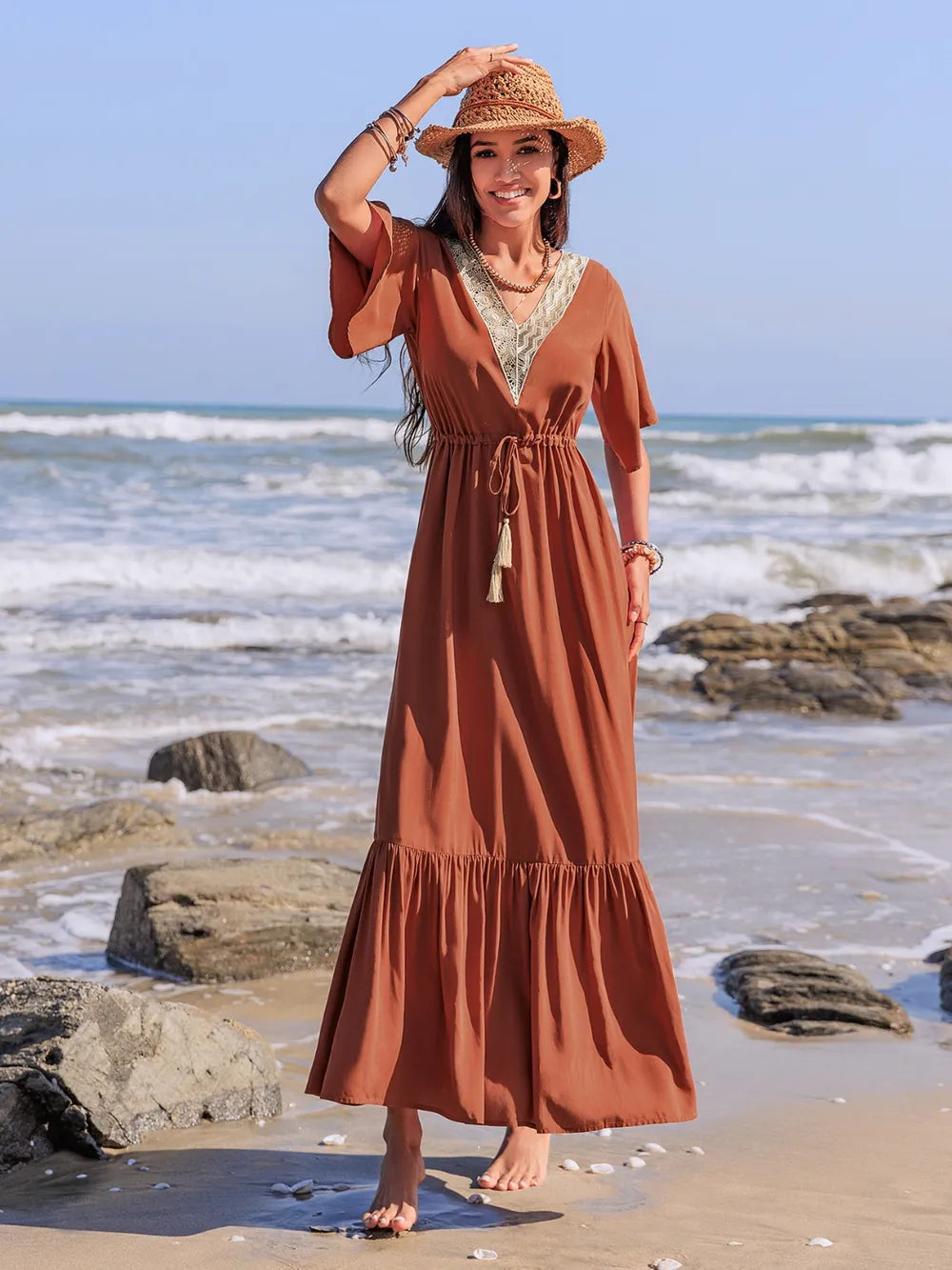 Ruffled Tassel V-Neck Flutter Sleeve Dress