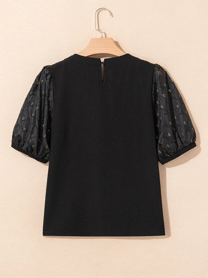 Bubble Sleeve Patchwork Textured Blouse