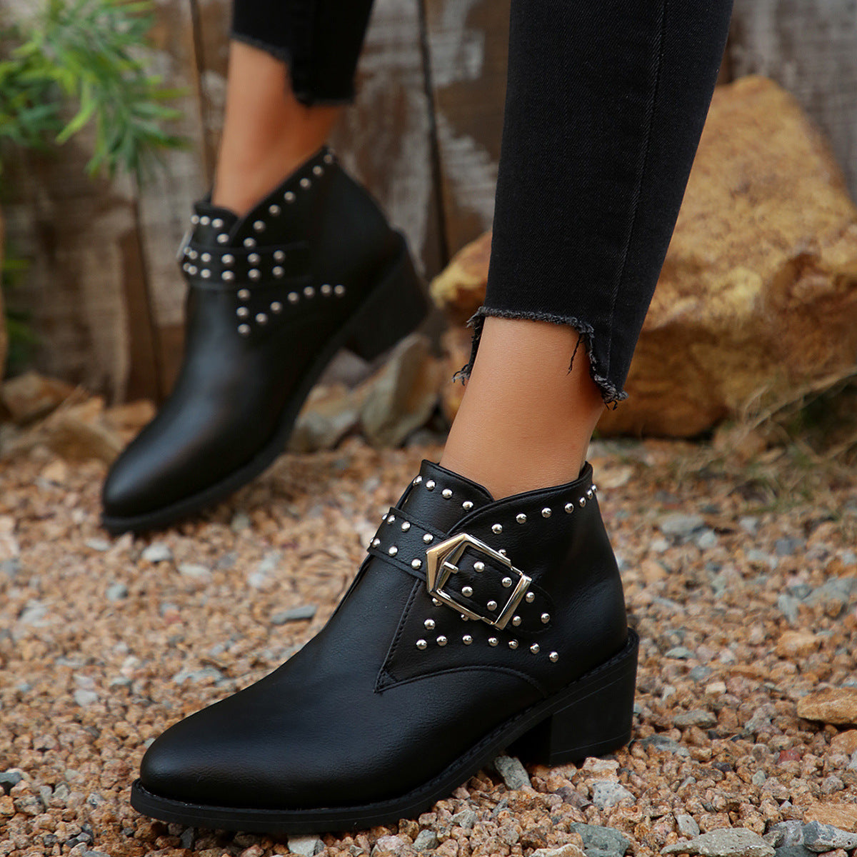 Studded Buckle Chelsea Boots Black