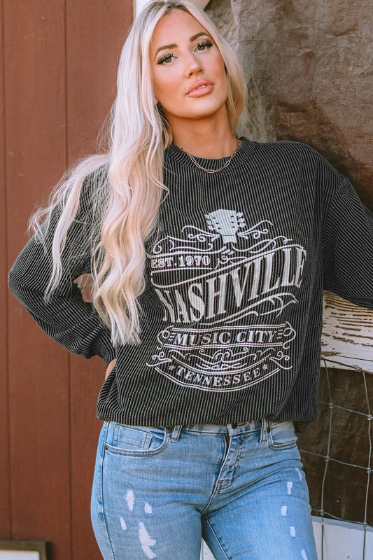Ribbed Round Neck Long Sleeve Graphic Sweatshirt Charcoal