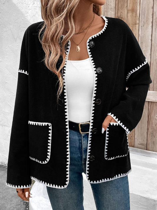 Perfee Pocketed Contrast Button Up Jacket Black