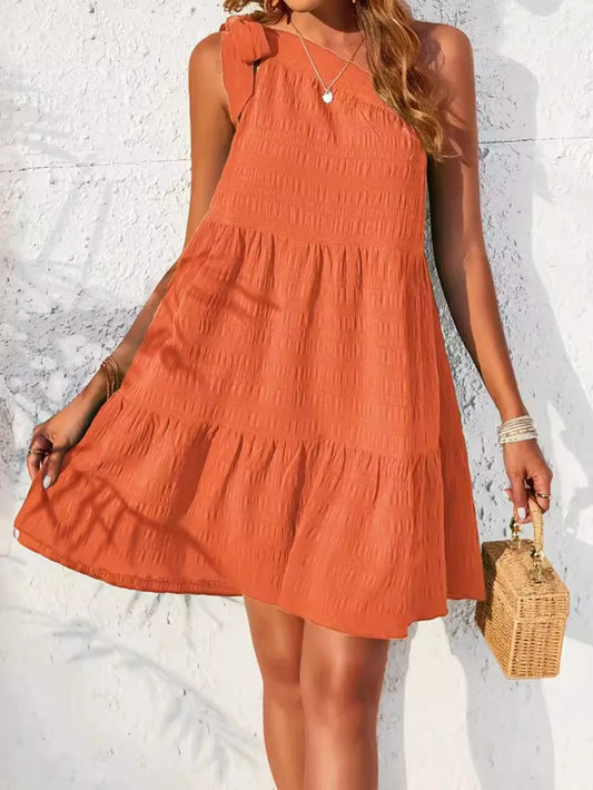 Textured Tied Single Shoulder Mini Dress Orange