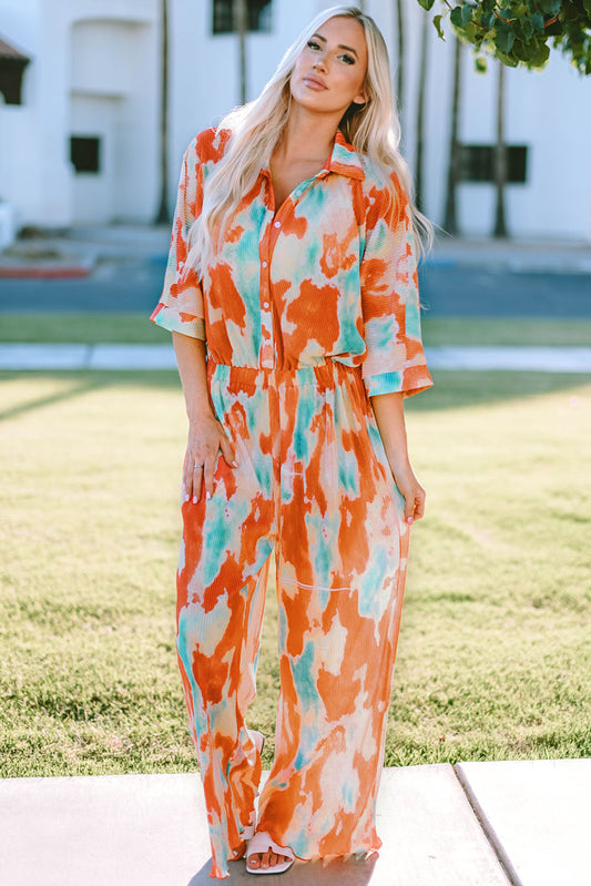 Tie-Dye Collared Wide Leg Jumpsuit Multicolor