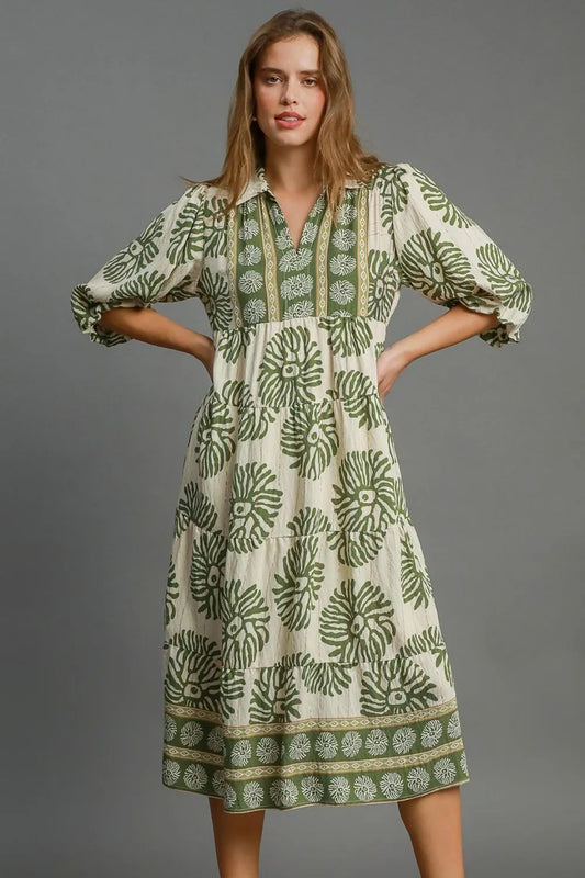 Umgee Full Size Border Print Tiered Midi Dress Plus Size Matcha Green