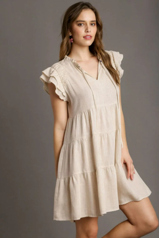 Umgee Full Size Linen A-line Tiered Mini Dress Plus Size OATMEAL