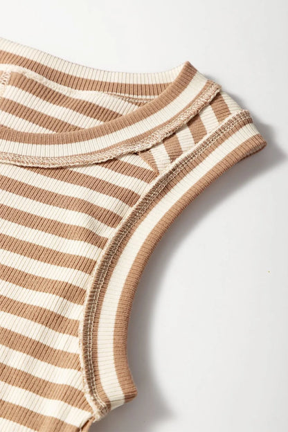 Stripe Exposed Seam Trim Round Neck Sleeveless Top