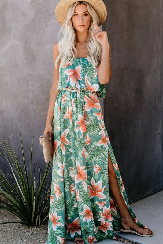 Slit Tropical Sleeveless Tube Dress