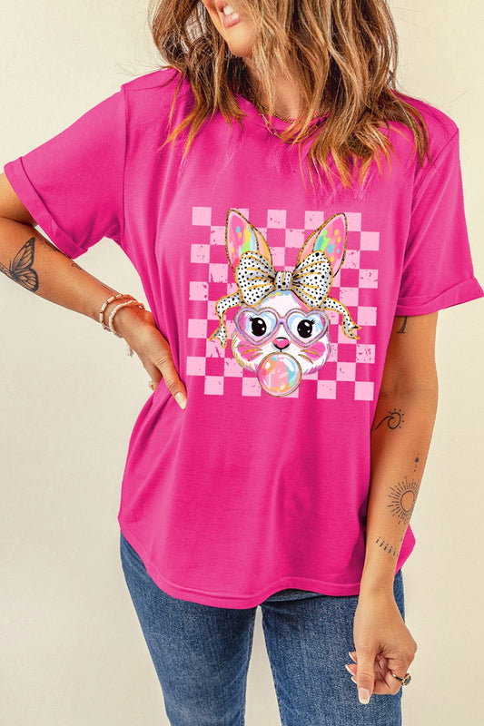 Rabbit Graphic Round Neck Short Sleeve T-Shirt Hot Pink