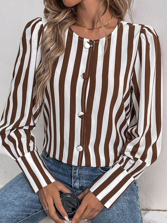 Perfee Striped Round Neck Long Sleeve Blouse Brown