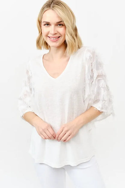 And The Why Feather Detailed 3/4 Sleeve Slub Top