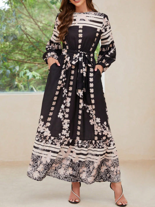 Printed Round Neck Long Sleeve Maxi Dress with Pockets Black