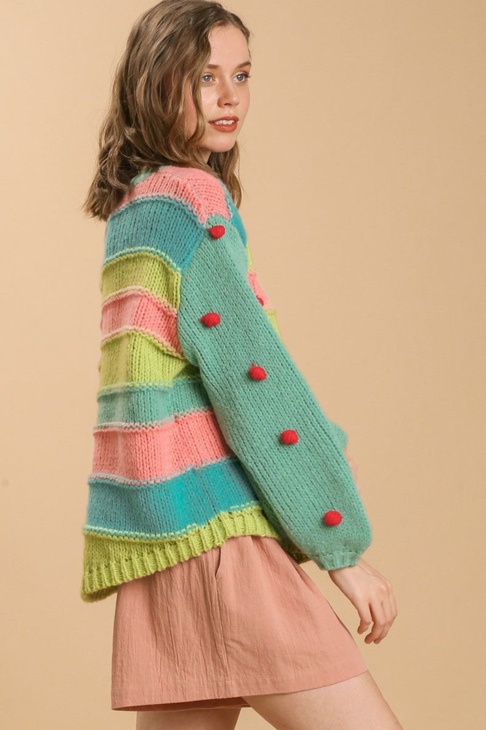 Umgee Full Size Color Block Cable Knit Sweater with Pom Pom Plus Size