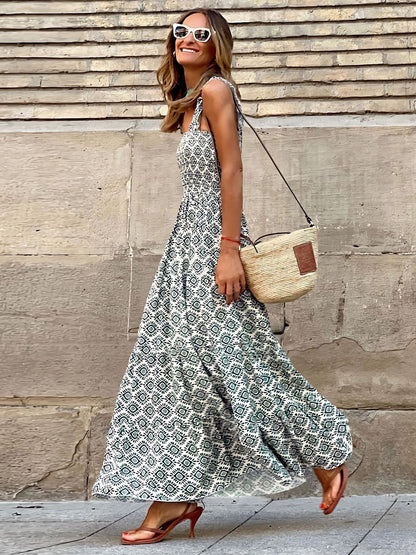 Smocked Printed Square Neck Sleeveless Dress White
