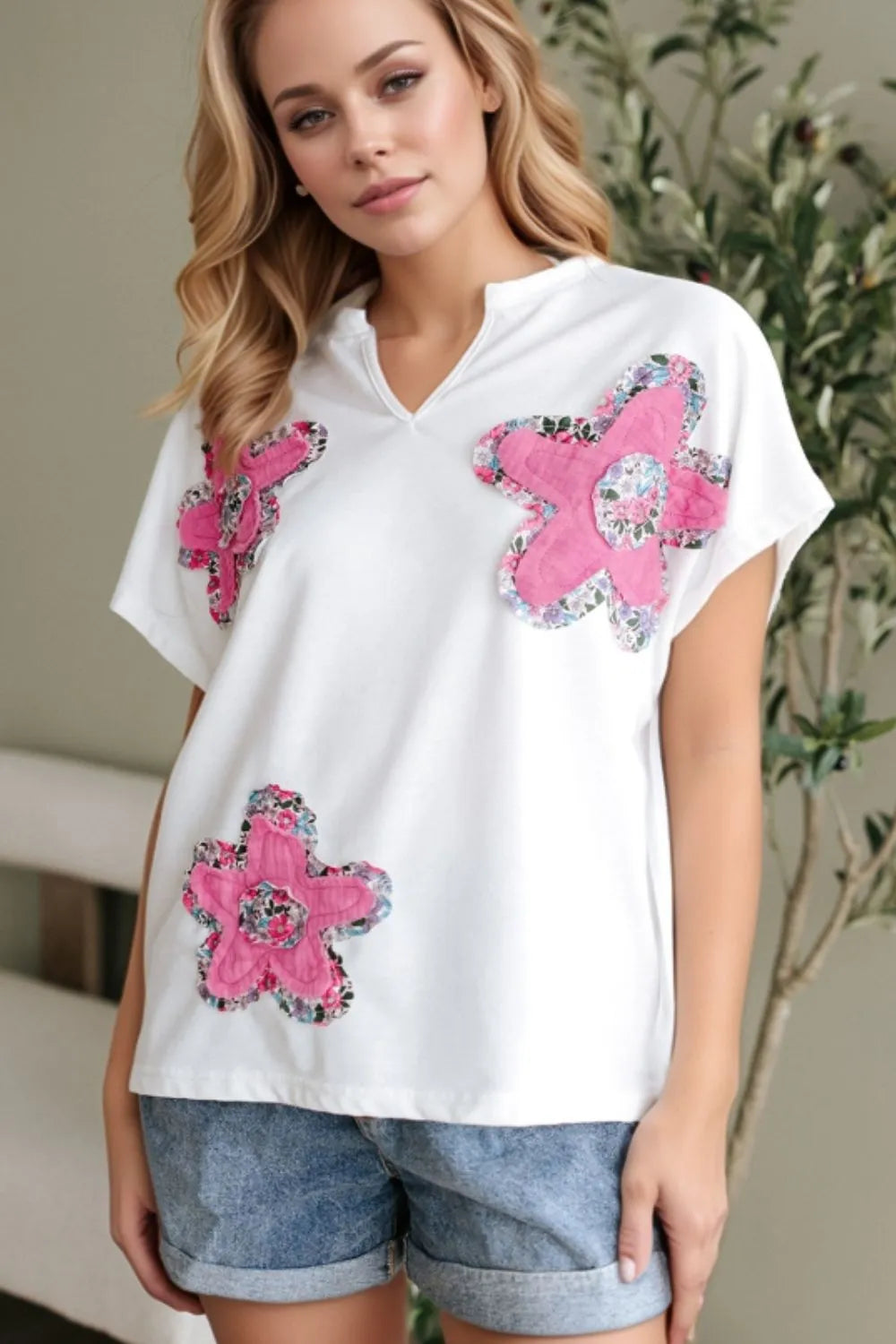 Floral Applique Notched Dolman Sleeve Top White